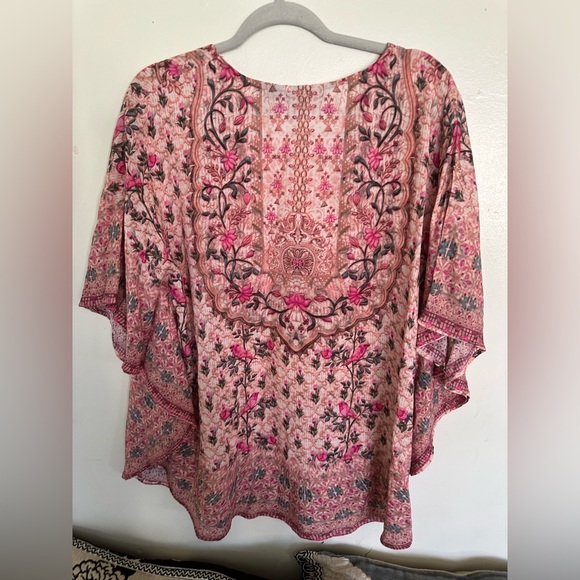 Tolani Collection Petite Printed Woven Caftan Tunic Pink Floral Bird size MP - Picture 6 of 11